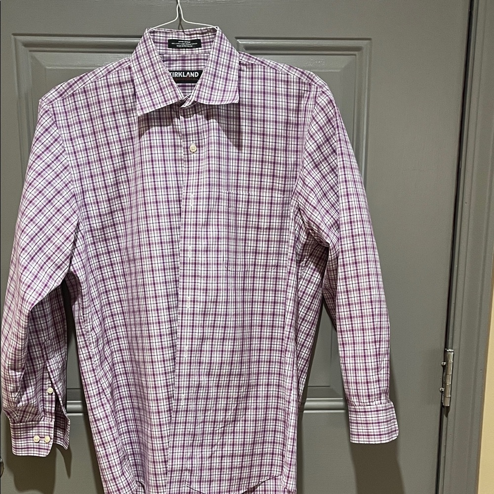 Kirkland Signature Men's Pink and White Plaid Shirt